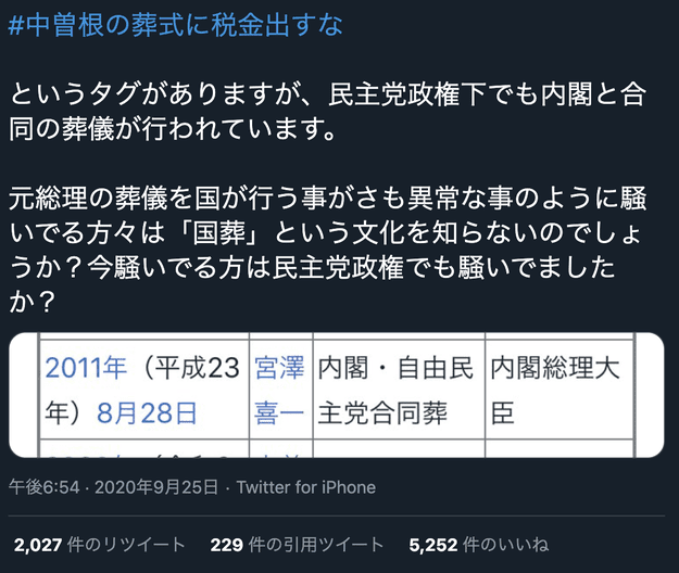 民主党政権も 元首相の合同葬 や 国葬 を開いた 誤り 実際は Portalfield News