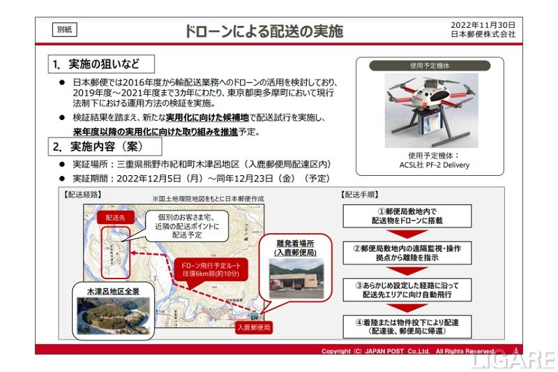 Japan Post trial delivery of mail by drone in Kumano City, Mie Prefecture
