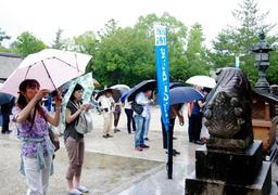 お気に入りのスポットを探して写真撮影する参加者=伊弉諾神宮